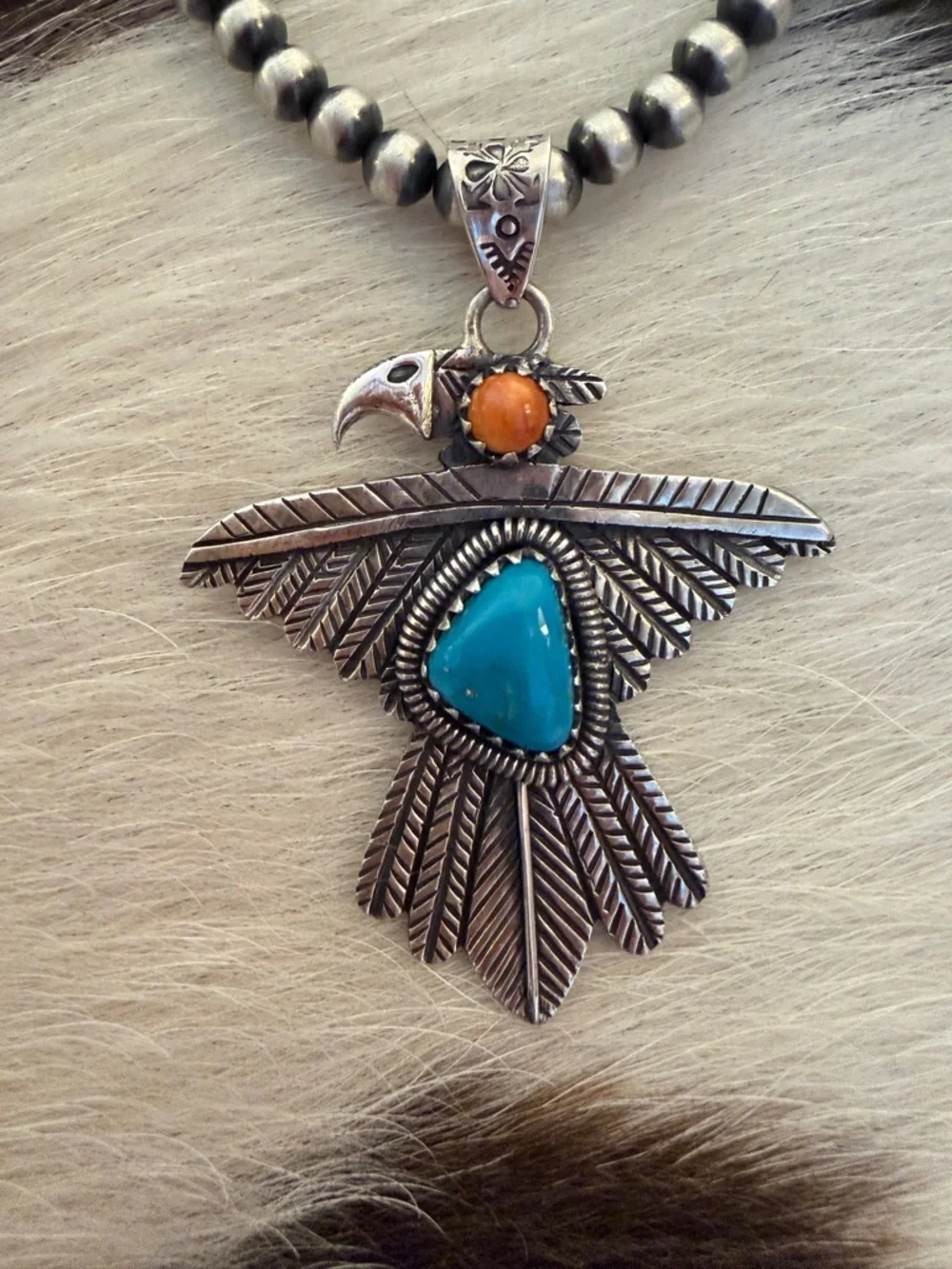 ❤️ Kingman Turquoise Spiny Oyster Thunderbird Navajo Sterling Statement Pendant